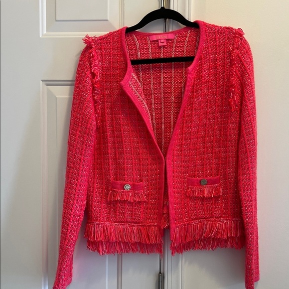 Lilly Pulitzer Jackets & Blazers - Lilly Pulitzer Vibrant Pink/coral Simora Fringe Cardigen Jacket M